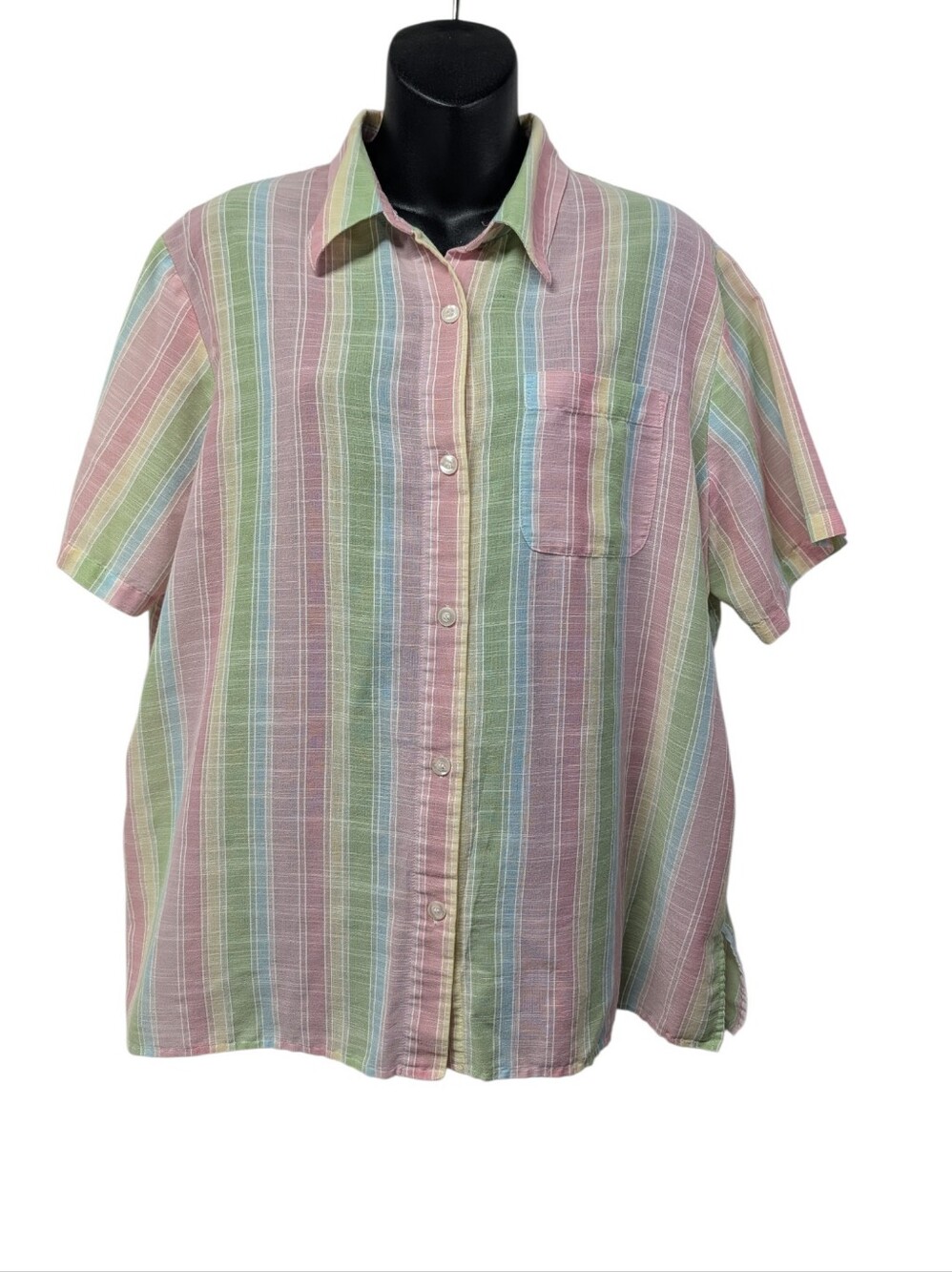 Alfred Dunner Womens Pink Green Blue White Stripe Button-Up Pocket Shirt Sz 16